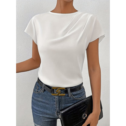 Sleeveless Round Neck Left Shoulder Pleated Women's Fashion Top