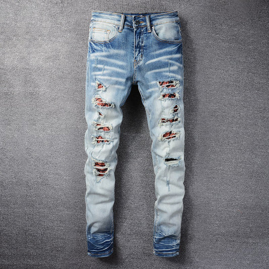 Light Blue Distressed Patch Slim Skinny Jeans