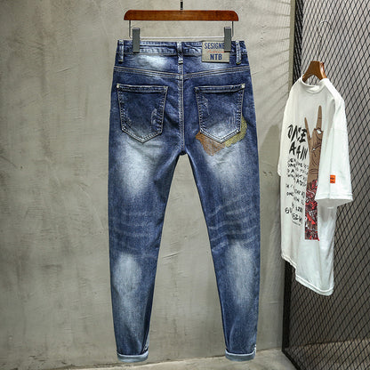 Summer Men's Self-cultivation Tide Brand Youth Small Feet Print Jeans