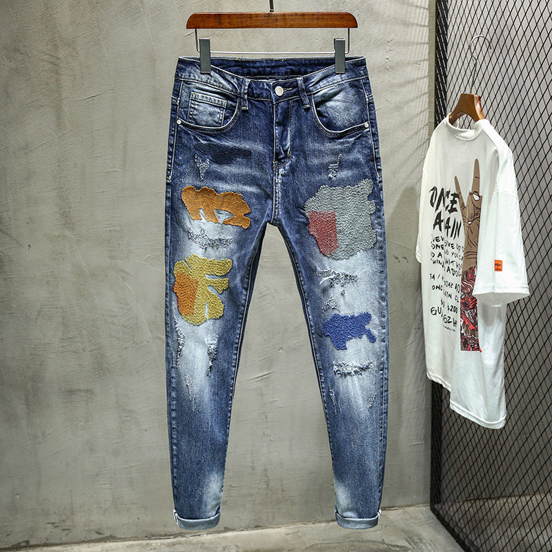 Summer Men's Self-cultivation Tide Brand Youth Small Feet Print Jeans