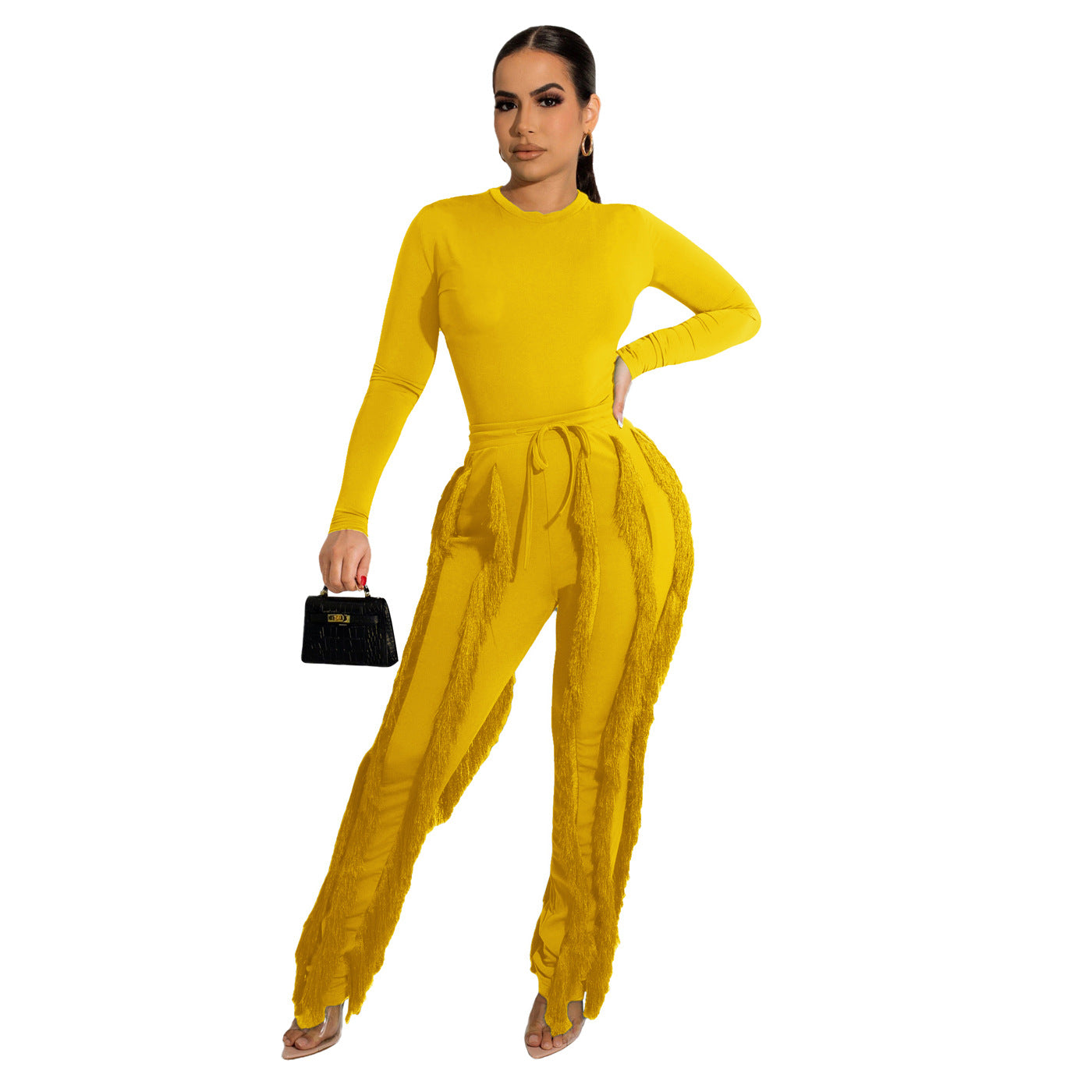 Women's Tassel Lace Jumpsuit Solid Color Sports Two-piece Suit