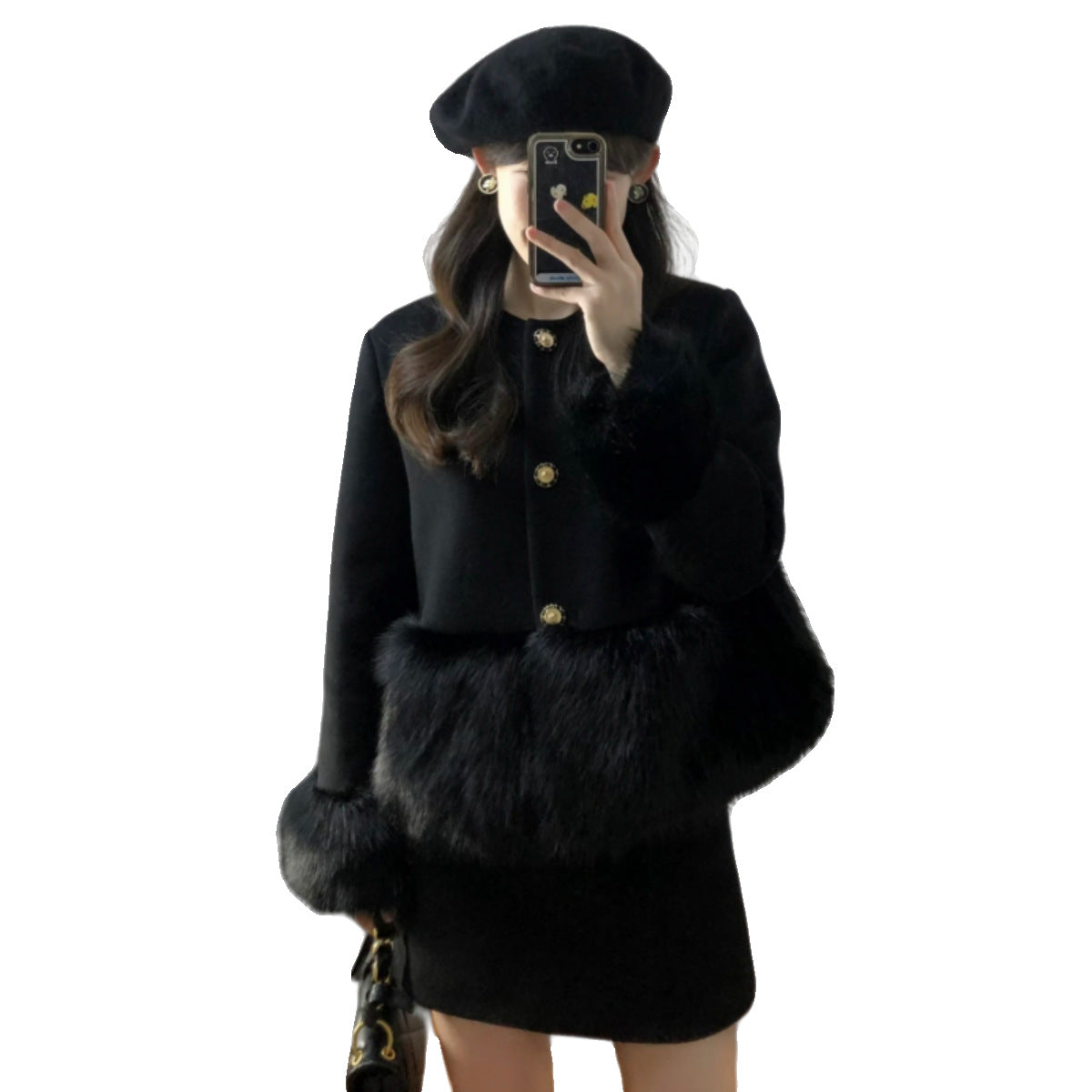 Black Heavy Industry Burr Patchwork Wool Short Coat Two-piece Overskirt Suit