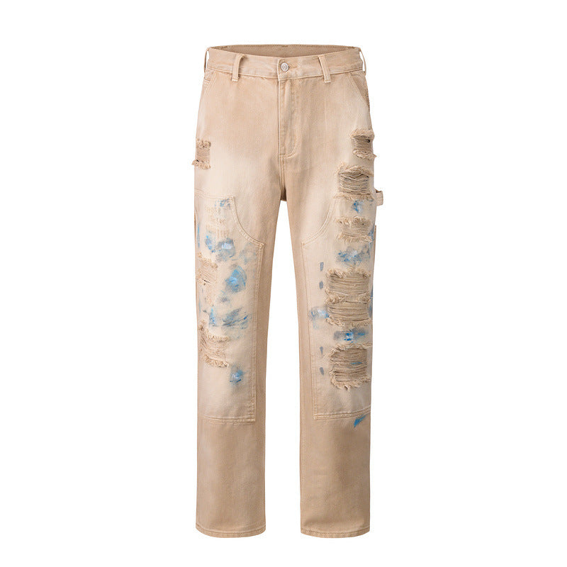 High Street Washed Ink Splattered Yellow Mud Zip-Up Jeans