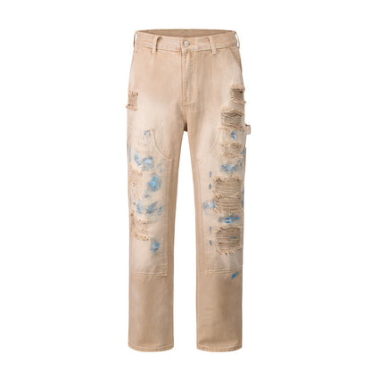 High Street Washed Ink Splattered Yellow Mud Zip-Up Jeans