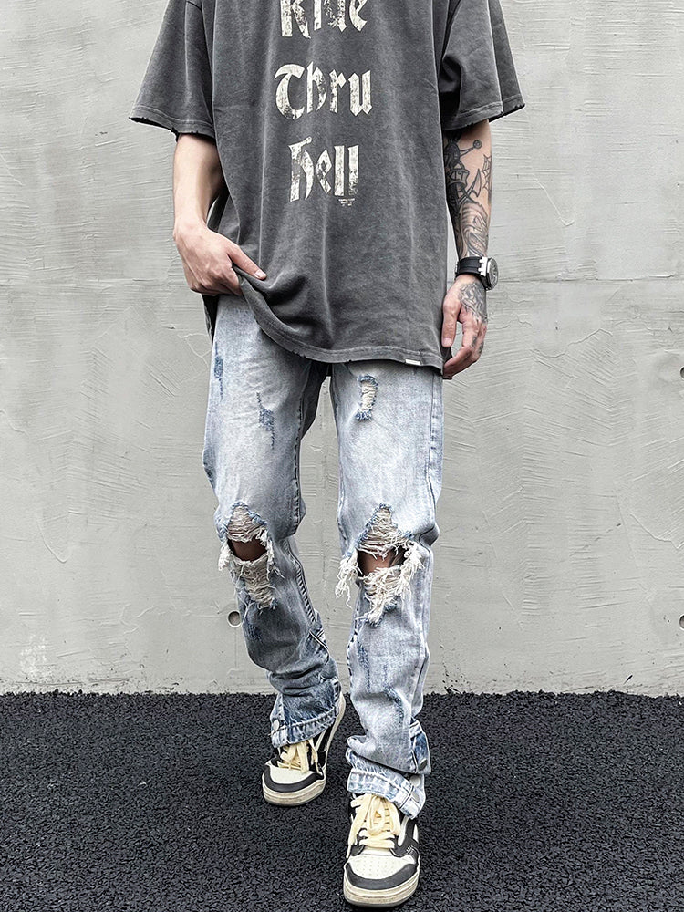 Washed Hole-breasted Straight-leg Jeans With Slit