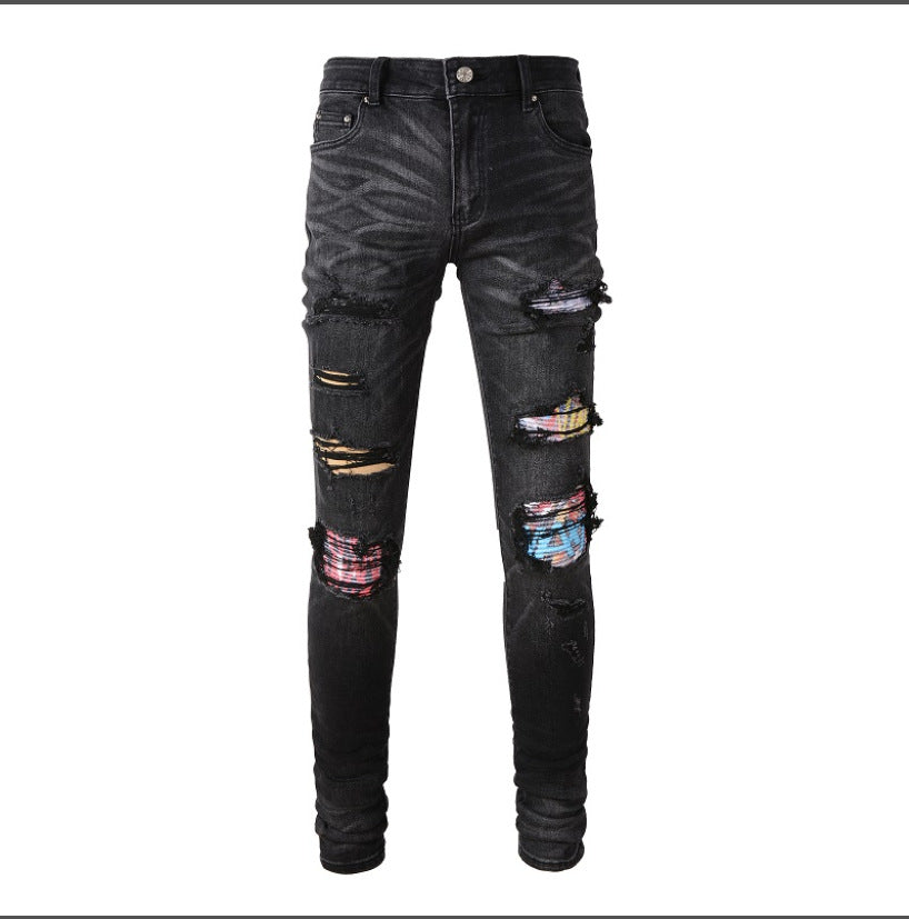 Knee Color Patch Torn Jeans Male