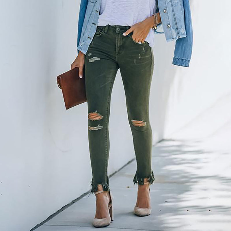 Women's New Dark Green Raw Design Ripped Jeans