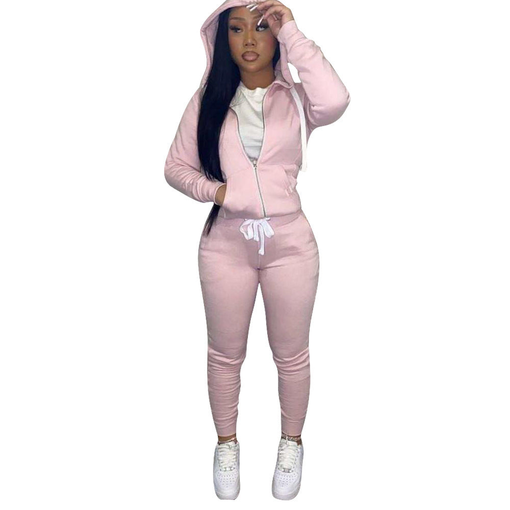 Women's Solid Color Slim-fit Hood Sweatshirt Drawstring Two-piece Set