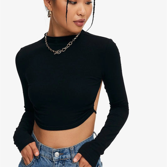 Crop Top Solid Tie Backless Curved Hem