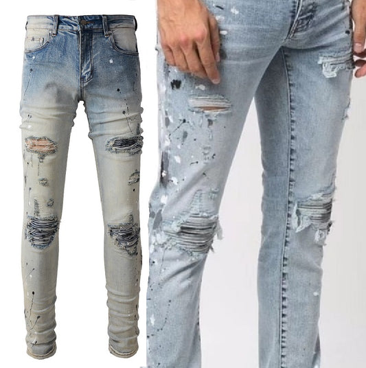 Light Colored Paint Splashing Ink Making Old Washed Jeans For Men