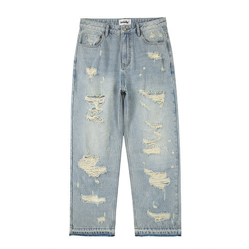 High Street Men's Washed Loose Whiskered Ripped Jeans