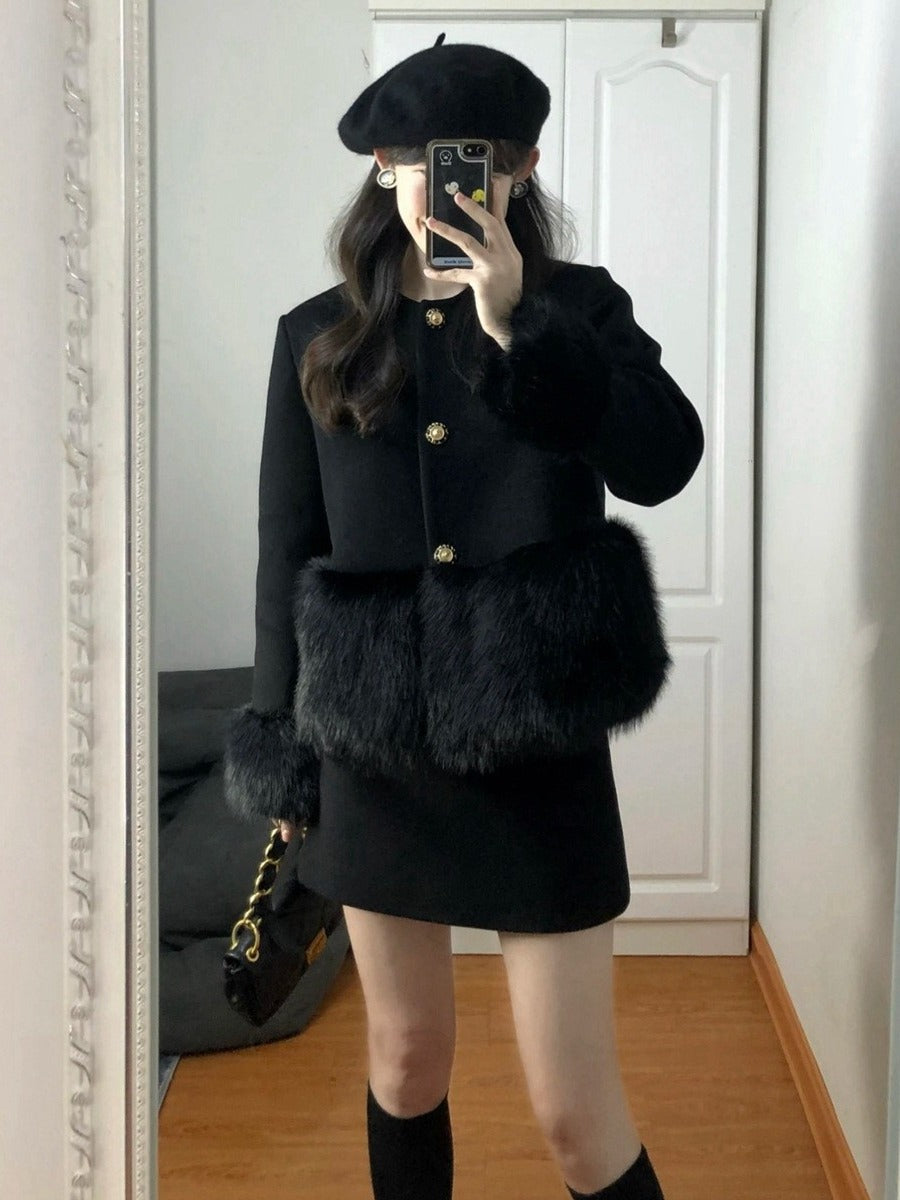 Black Heavy Industry Burr Patchwork Wool Short Coat Two-piece Overskirt Suit