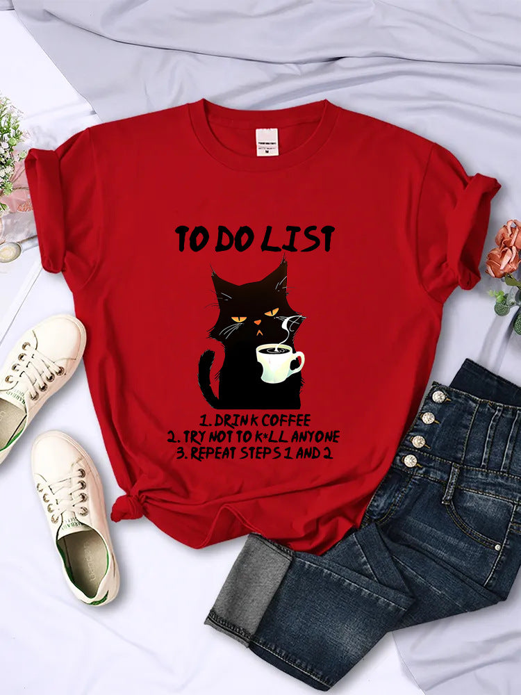 Black Cat To-do List Pattern T-shirt Funny Cat Coffee