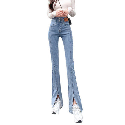 High Waist Straight All-matching Stretch Split Skinny Jeans