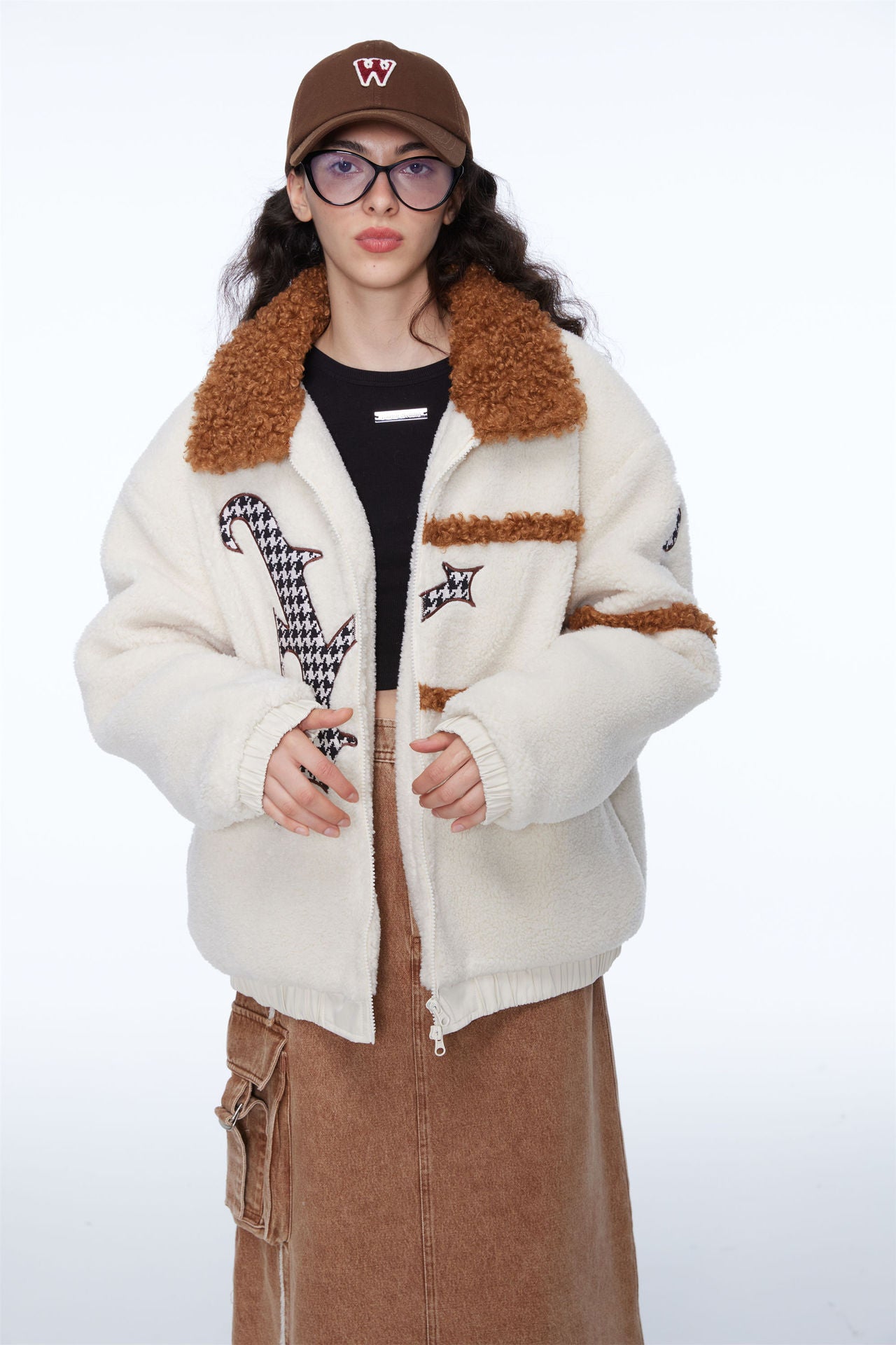 Contrast Color Lamb Wool Embroidered Lapel Cotton Coat Jacket