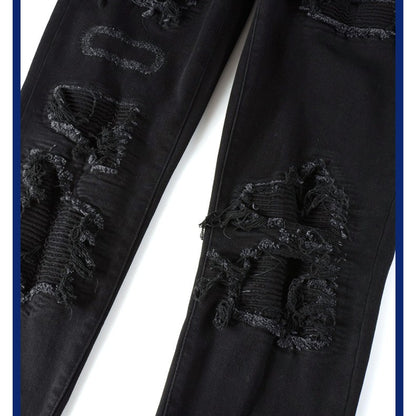 Black Patch Pleated Jeans For Men