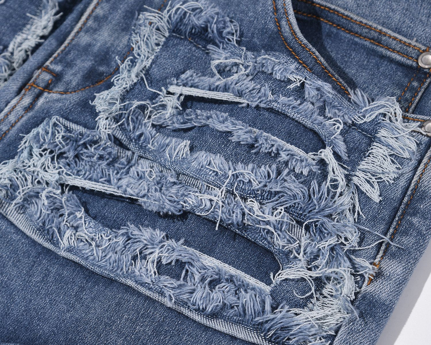 Destruction Ripped Patch Whisker Blue Jeans