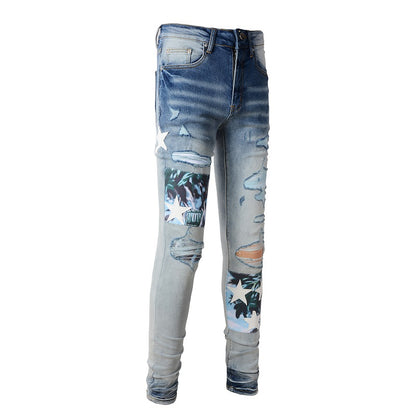 White Star Printed Patch Torn Jeans For Men