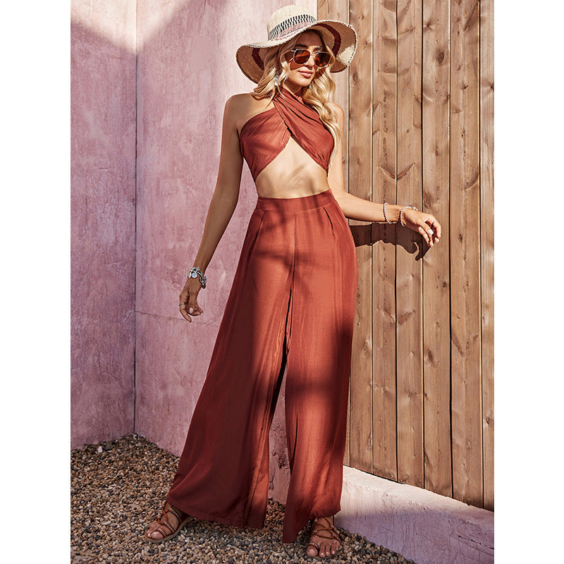 Halter Tank-top High Waist Wide Leg Pants Two-piece Set