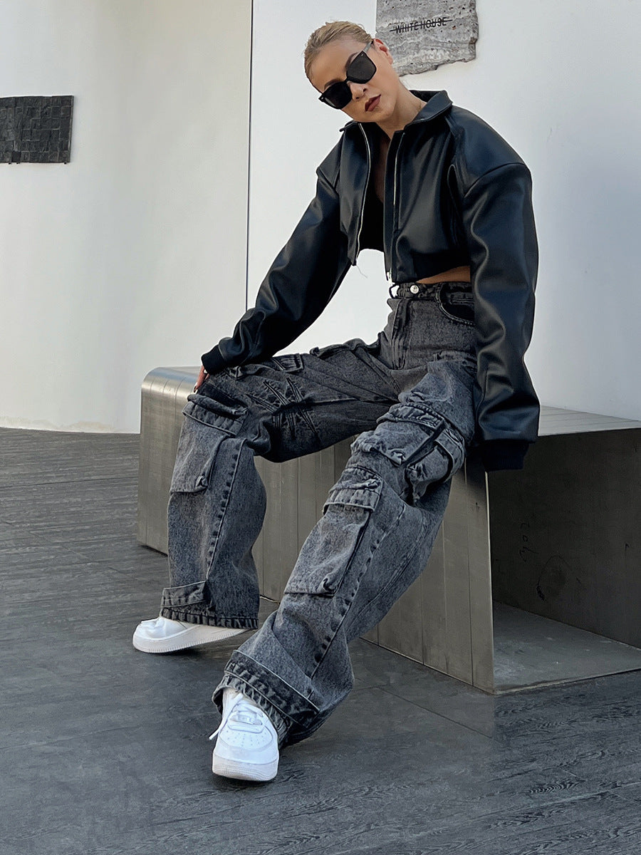 Solid Color Distressed Stitching Multi-pocket Cargo Pants