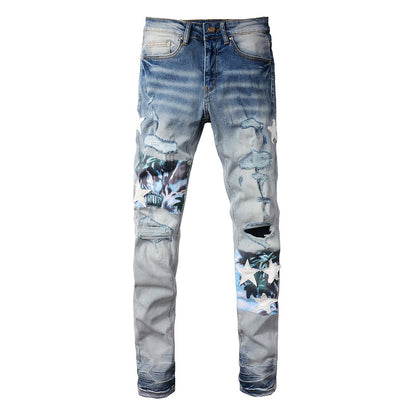 White Star Printed Patch Torn Jeans For Men