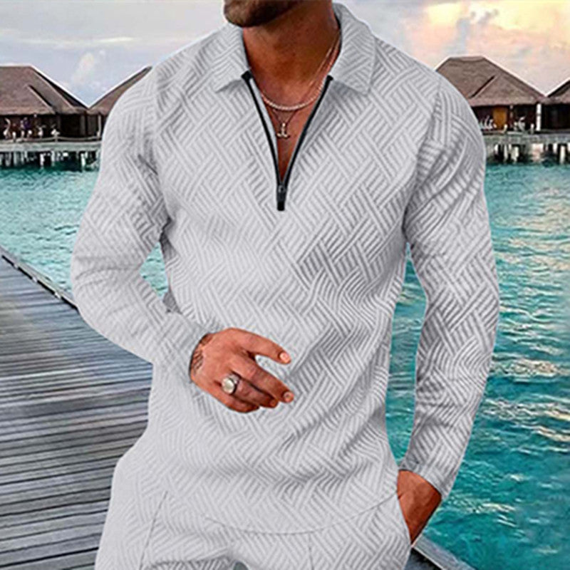 Men's Lapel Zipper Long Sleeve POLO Shirt New Casual T-Shirt