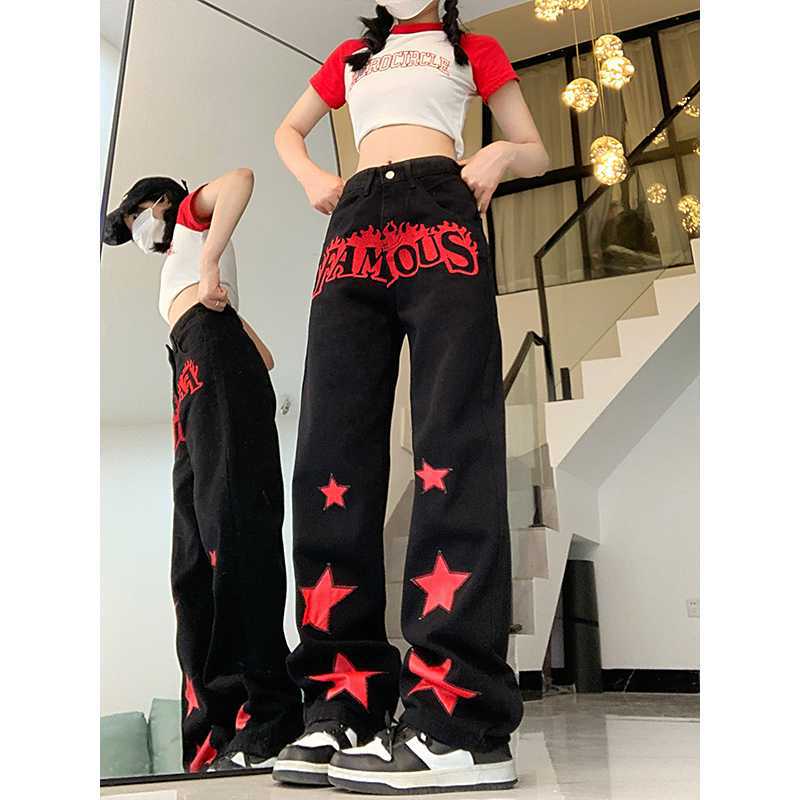 Red Star Letters Jeans For Women High Waist Casual Trousers