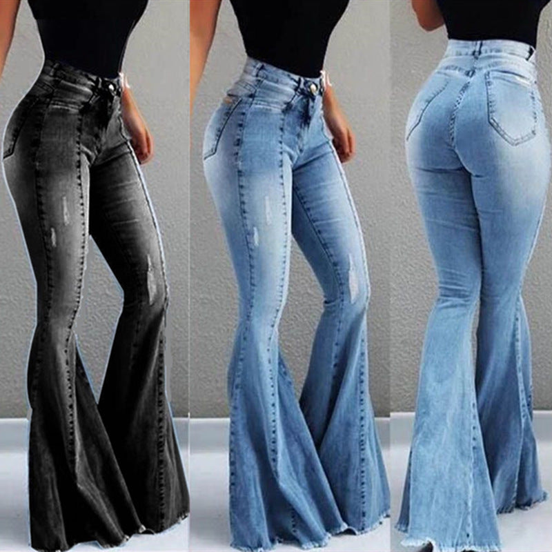 Elastic High Waist Ripped Denim Bell-bottom Pants Women