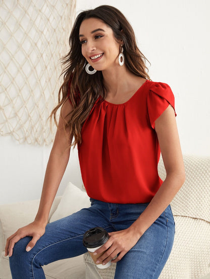 Chiffon Solid Color Short-sleeved Round Neck Casual