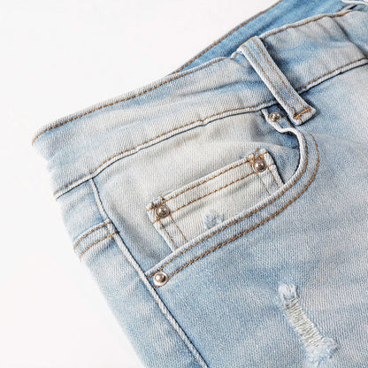 Baby Blue Wash Water Worn Patch Torn Jeans Male