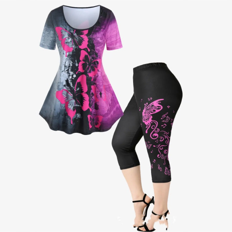 Women's Two-piece Set Summer Fashion Casual Short-sleeved Printed Top Pants