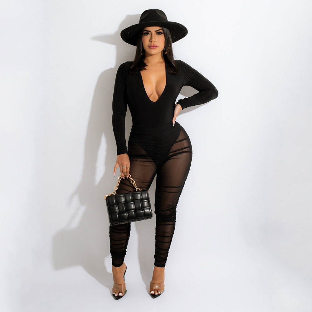 Women's Mesh Long Sleeve Two-piece Suit