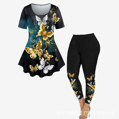 Women's Two-piece Set Summer Fashion Casual Short-sleeved Printed Top Pants