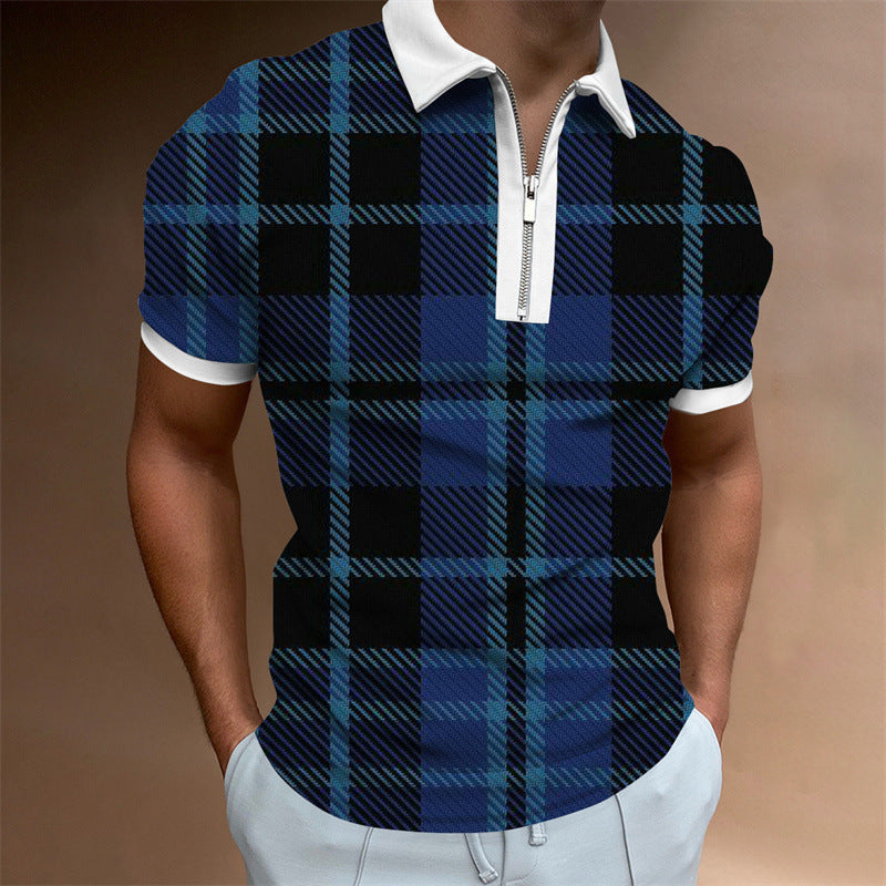 Men's POLO Lapel Striped Plaid Short Sleeve T-Shirt