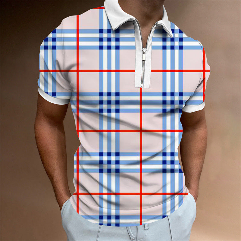 Men's POLO Lapel Striped Plaid Short Sleeve T-Shirt