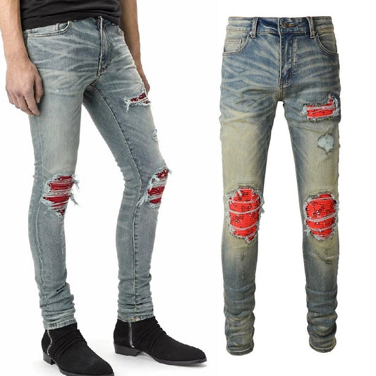 Red Printed Pleated Elastic Light Colored Jeans For Men