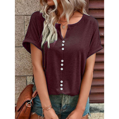 Women's Clothes Hot-selling V-neck Buttons Short Sleeve Top