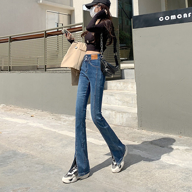 High Waist Straight All-matching Stretch Split Skinny Jeans