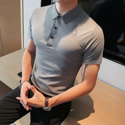 New Men's Ice Silk Drape Polo Shirt Seamless Stretch Lapel T-Shirt