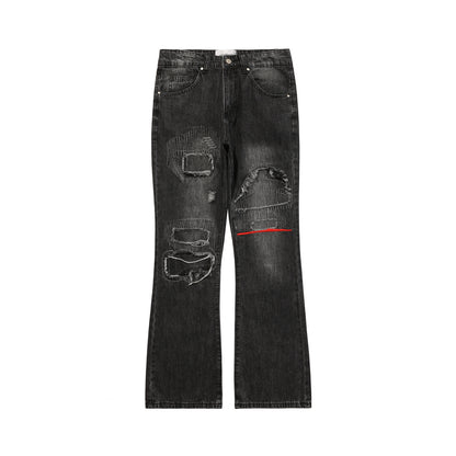 Street Jeans Distressed Washed Red Line Gothic Print Trousers