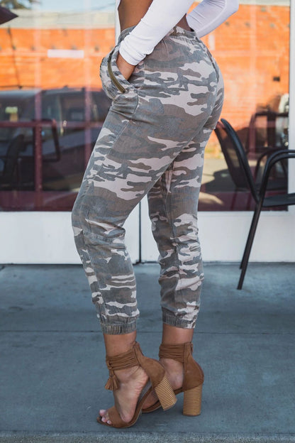 Stretch Camouflage Lace Up Elastic Women's Work Denim Cropped Pants