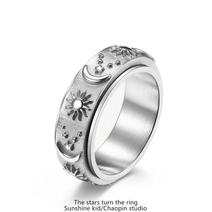 Hip Hop Male Star Sun Moon Titanium Steel Rotatable Ring