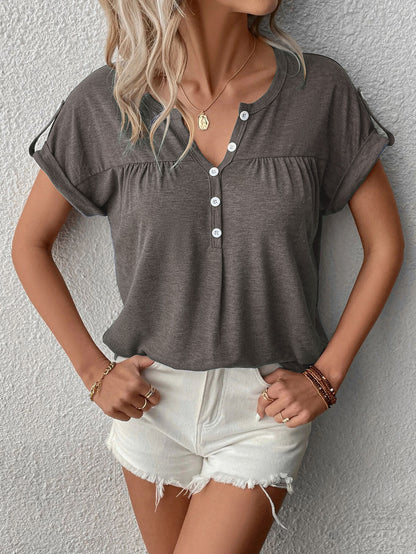 Women's Colored Cotton Shoulder Strap Button V-neck