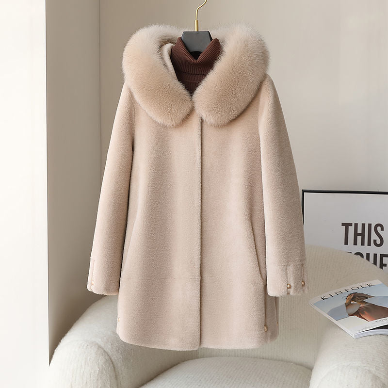 Women's Fox Fur Collar Hooded Sheep Shearling Coat