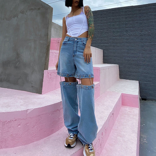 Chain Panel High Waist Solid Wide Leg Pants