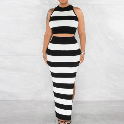 Striped Printed Slit Skirt Two-piece Suit