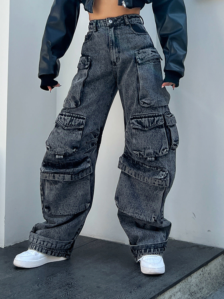 Solid Color Distressed Stitching Multi-pocket Cargo Pants