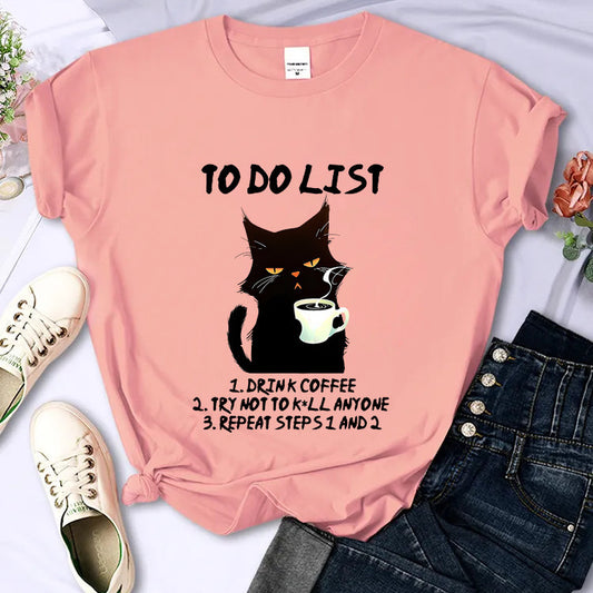 Black Cat To-do List Pattern T-shirt Funny Cat Coffee