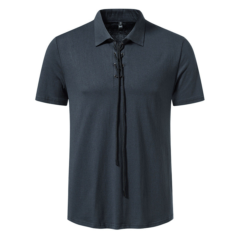 Solid Polo Neck Lace Up Casual Pocket Short Sleeve