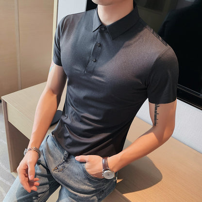 New Men's Ice Silk Drape Polo Shirt Seamless Stretch Lapel T-Shirt